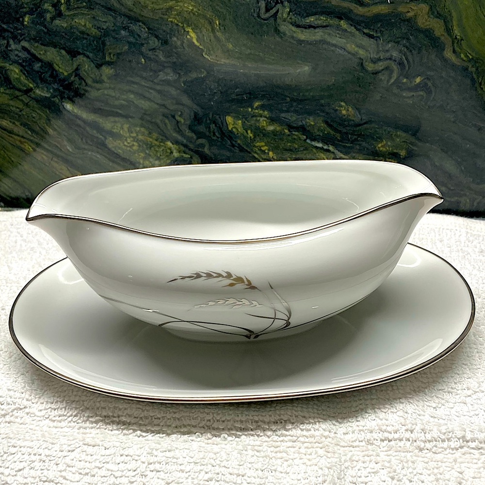 Rosenthal Platinum Wheat Elegant White Gravy Boat Attached Saucer Vintage